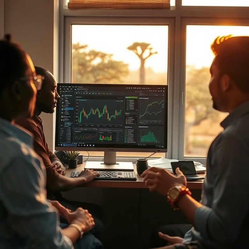 Small engineering team gathered around an indigo trading risk dashboard in a Kenyan office with acacia trees visible through the window