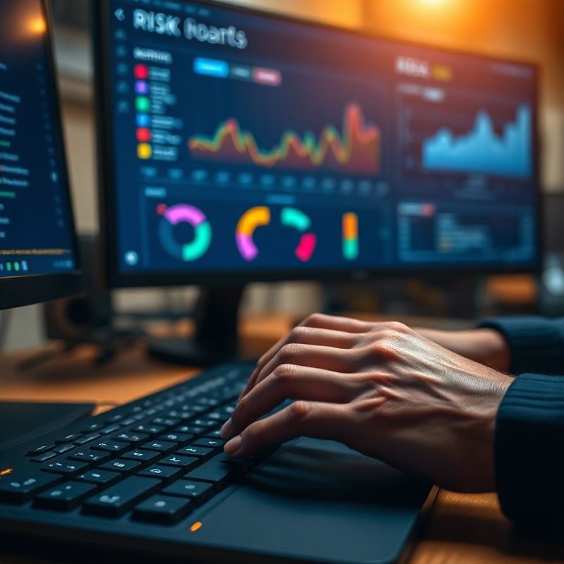 Developer's hands typing at a keyboard with an indigo-on-dark risk-monitoring dashboard visible in the background