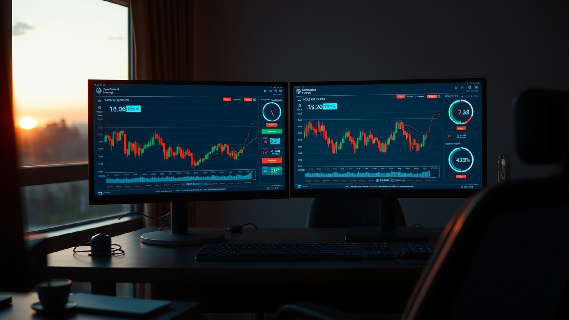 Indigo-toned algorithmic trading dashboard on dual monitors at a trader's desk in Eldoret at dusk