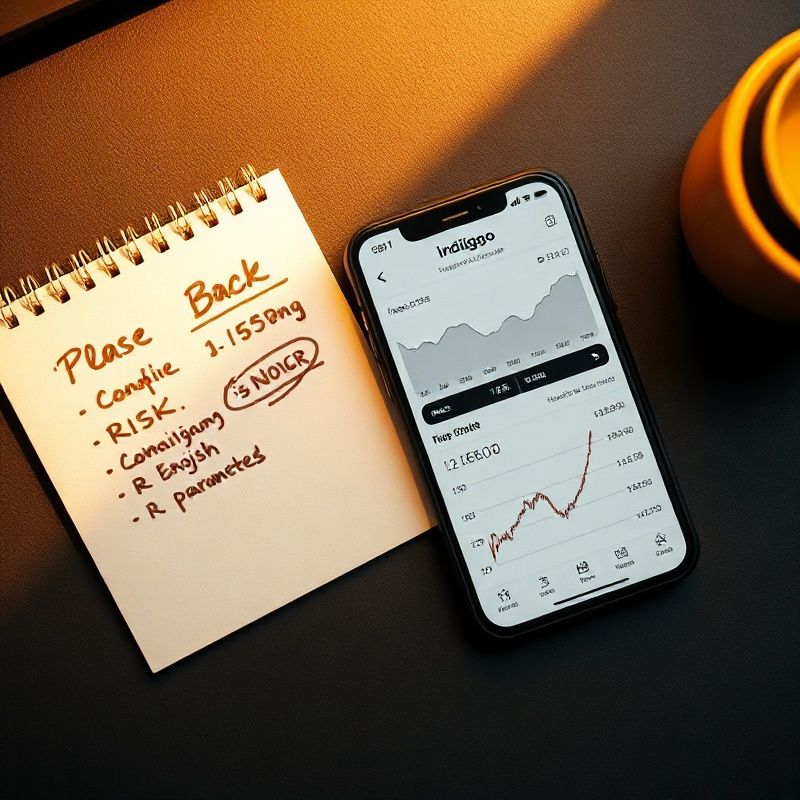 Smartphone on a dark desk showing an indigo trading dashboard beside a notepad with handwritten risk parameters
