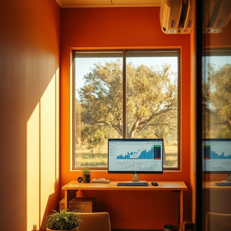Welcoming small professional office in Eldoret with warm ochre walls and an indigo trading platform on the monitor